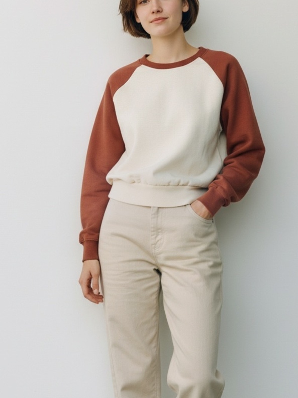 MWL Madewell Cream & Rust Raglan Sleeve Crewneck Sweatshirt Size Medium